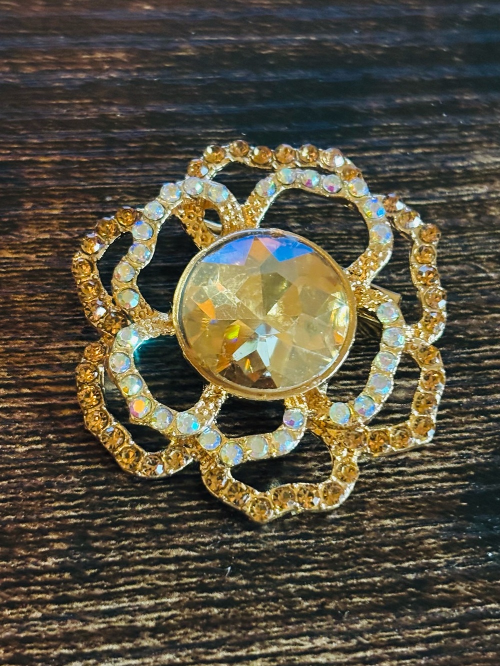 Gold Tone Crystal Rhinestone Flower Brooch Pin - Sparkling Gold Floral Jewelry